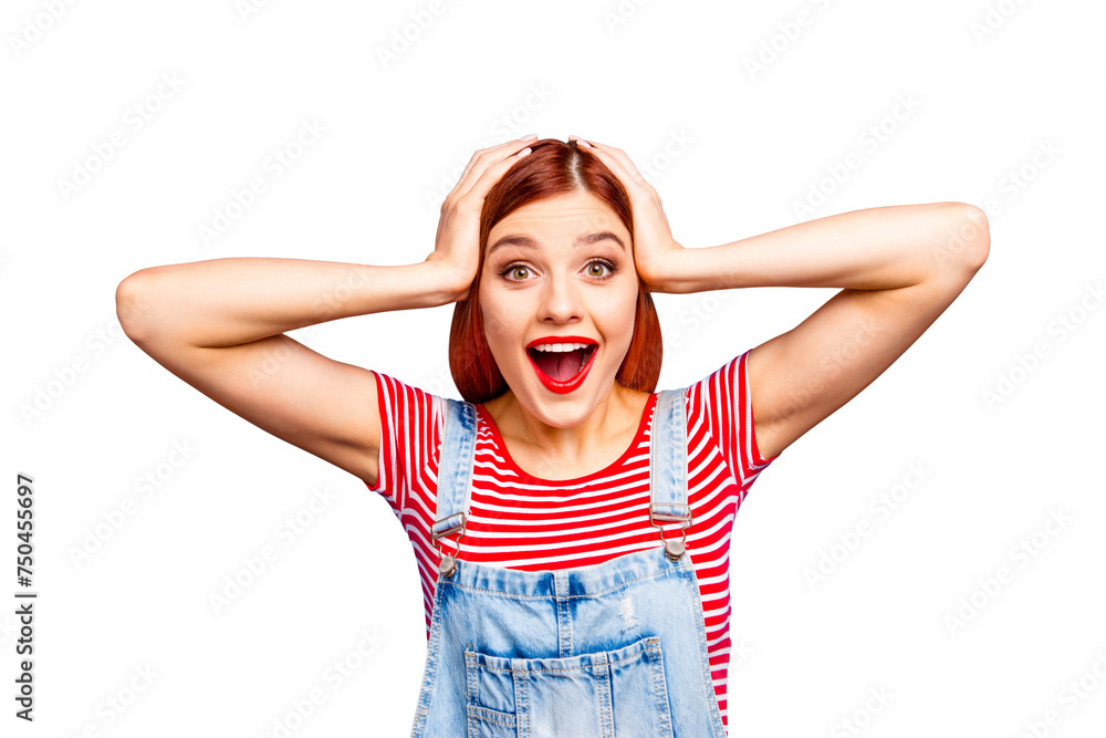 It's cool wow sale discount seasonal concept. Close up studio photo portrait of pretty cute funny with open mouth girl staring in camera touching head with hands isolated bright vivid shine background