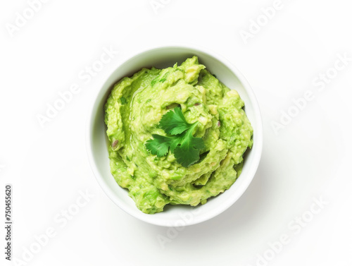 Guacamole in a white bowl, simple presentation, top-down view isolated on white background with copy space