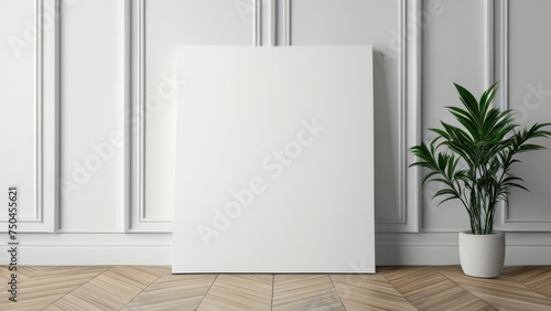 3D rendering of a white room with a plant and a blank poster