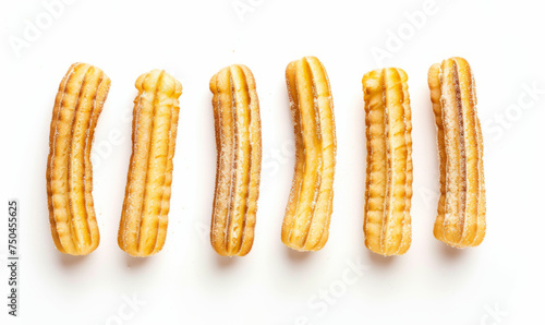 Churros straight and evenly spaced, top-down view isolated on white background. Spanish dessert concept. Design for bakery and sweet treat themes