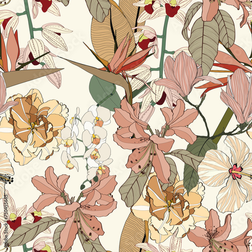 Vintage colors seamless tropical pattern with colorful garden flowers and orchids on white background. Seamless exotic pattern with tropical plants. Exotic wallpaper. 