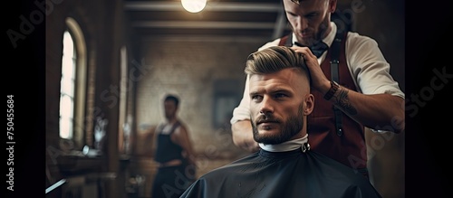 Young man experiencing a trendy haircut by skilled female barber at a modern barber shop