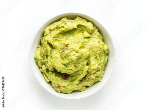 Guacamole in a white bowl, simple presentation, top-down view isolated on white background with copy space