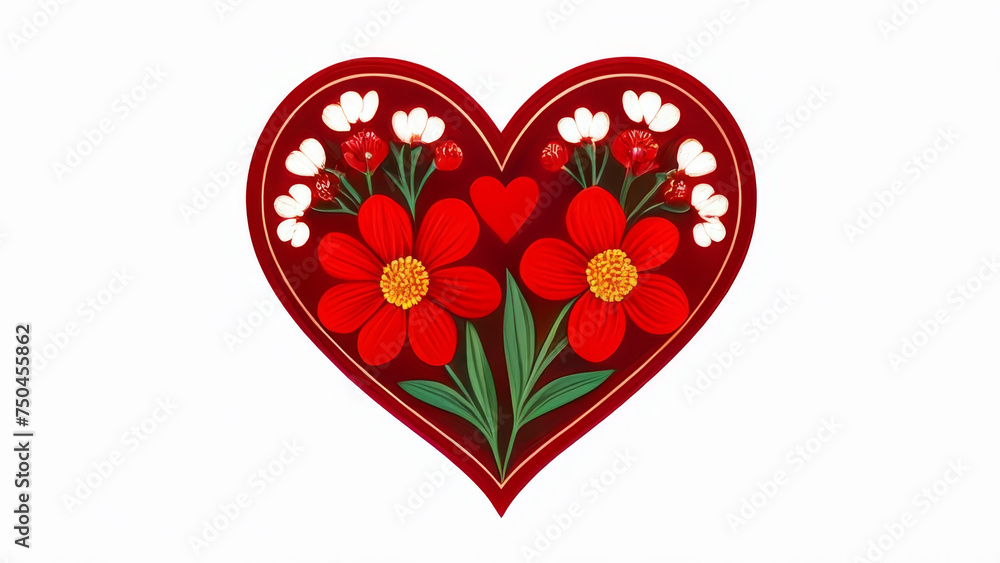 Valentine's Day card with red heart and flowers. Vector illustration.