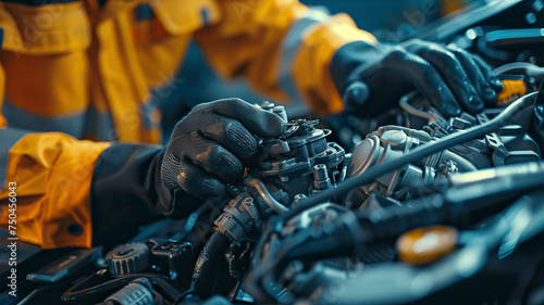 auto mechanic working in workshop, close up a car mechanic repairing car engine, service worker at the work