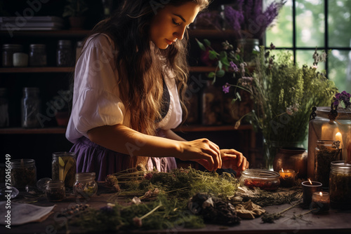 Young woman concentrates on crafting herbal medicine surrounded by plants and vintage bottles