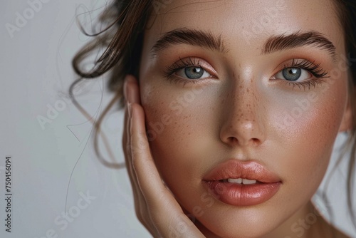 Close up of a woman with freckles. Suitable for beauty and skincare concepts