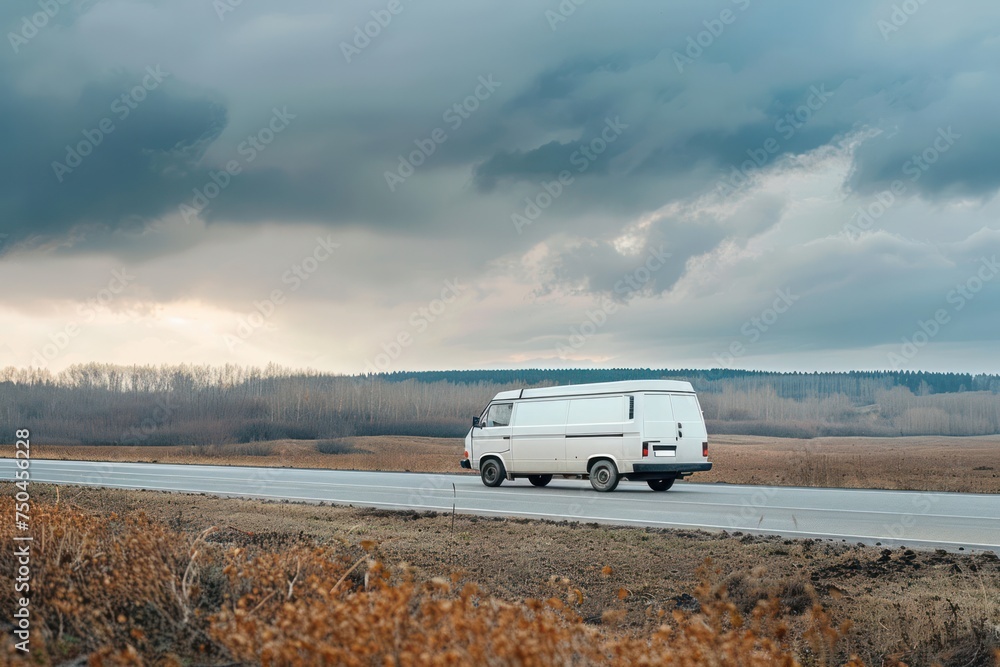 white van on rural highway, landscape white van on rural highway, landscape