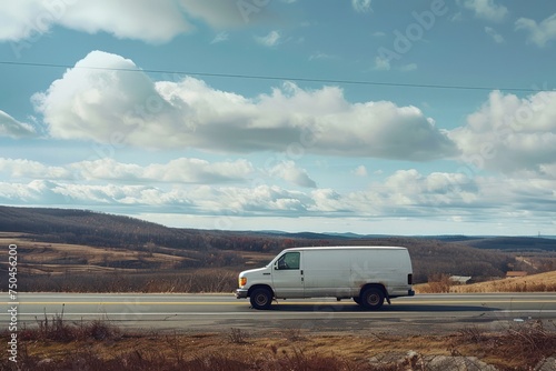 white van on rural highway, landscape