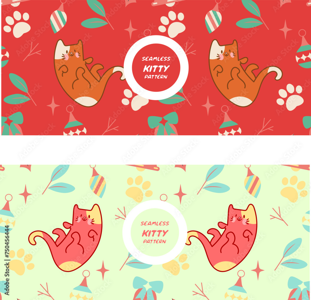 Fototapeta premium seamless Kawaii Cats vector illustration Smiling Kitty, cute and round-faced cat