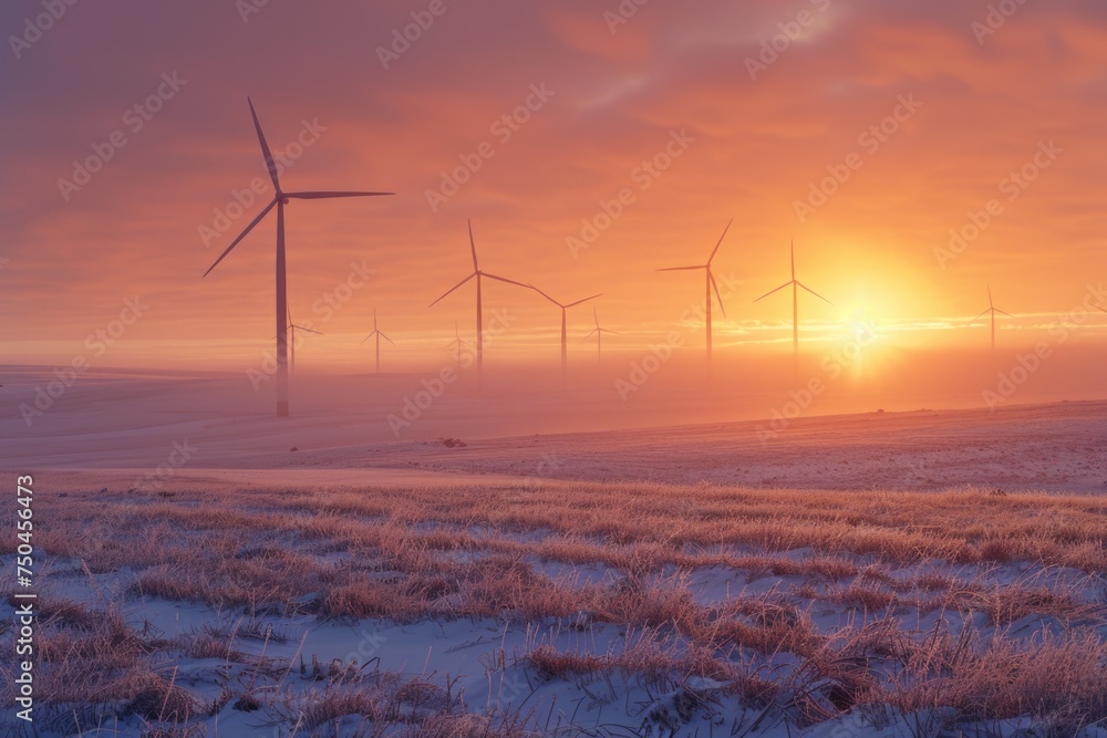 Wind turbines in a field at sunset, suitable for renewable energy concepts