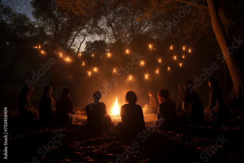 Silhouettes of people sitting around a campfire in a mysterious forest ambiance