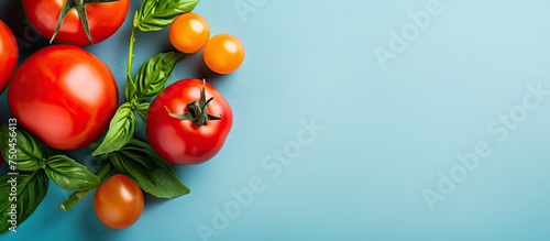 Vibrant Tomatoes and Fresh Basil Leaves Arranged on a Bright Blue Background