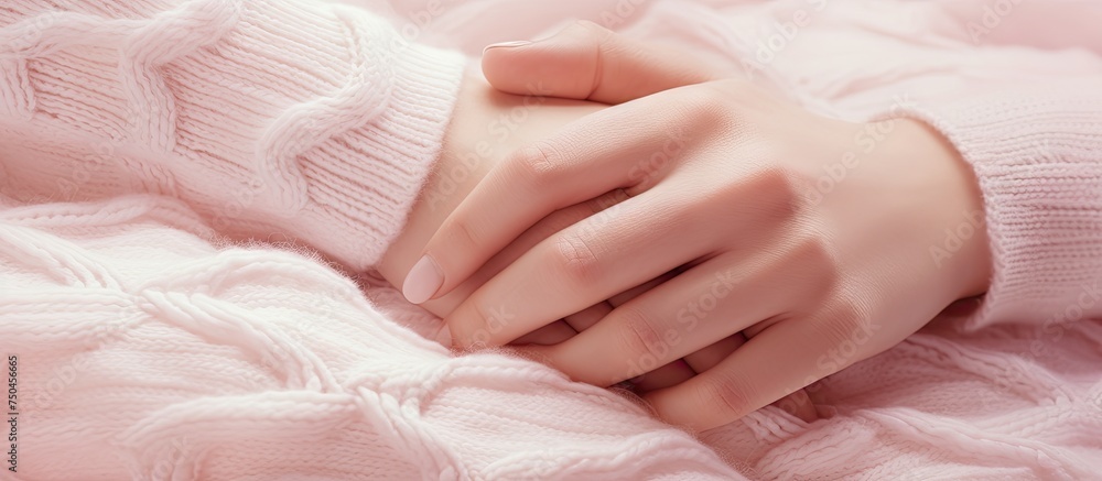 Feminine Grace: Woman's Hand on Soft Pink Blanket - Beauty, Care, and Elegance Concept