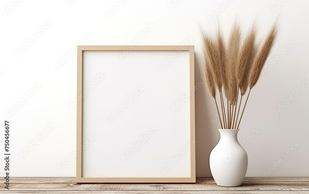Minimalistic design. Mock up poster frame, vase with dry pampas grass in vase on wooden shelf and white wall background. Natural concept. Clay, glass, paper and wood. AI Generative. Minimalistic design. Mock up poster frame, vase with dry pampas grass in vase on wooden shelf and white wall background. Natural concept. Clay, glass, paper and wood. AI Generative.