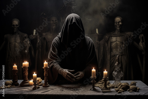 Hooded person engages in an ominous ritual surrounded by lit candles and skeletons