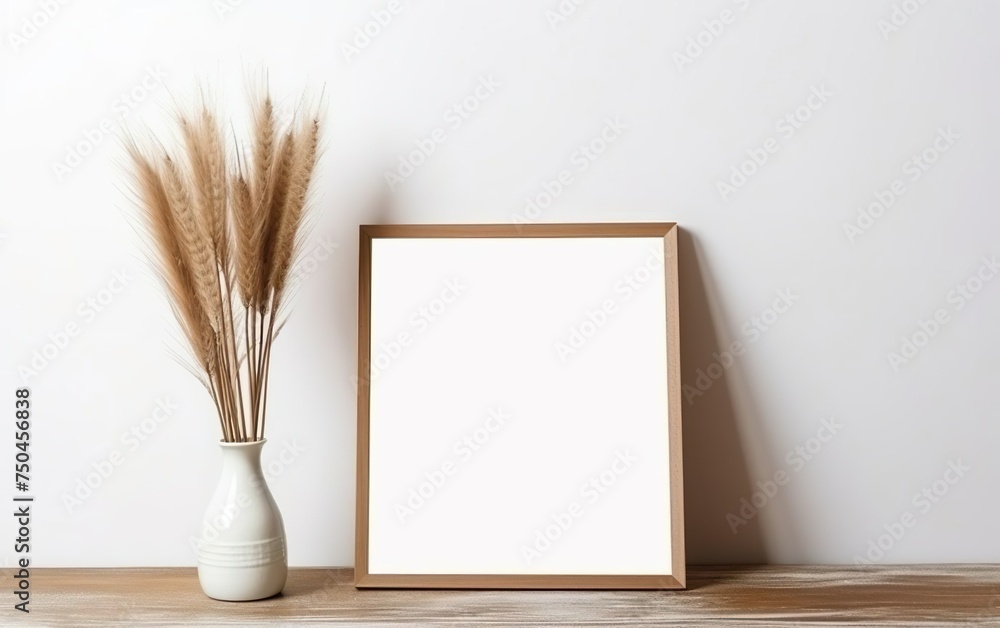 Minimalistic design. Mock up poster frame, vase with dry pampas grass in vase on wooden shelf and white wall background. Natural concept. Clay, glass, paper and wood. AI Generative. Minimalistic design. Mock up poster frame, vase with dry pampas grass in vase on wooden shelf and white wall background. Natural concept. Clay, glass, paper and wood. AI Generative.