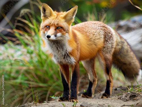 A solitary red fox stands in the grass, its gaze fixed on something in the distance.