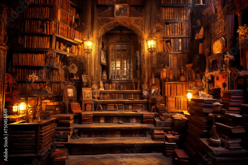 Enchanting old library filled with towering bookshelves and a cozy ambience
