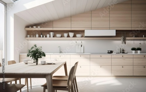 Modern kitchen  interior design  minimalistic scandinavian look. Natural wooden and white materials. Minimalistic sunny photo. AI Generative