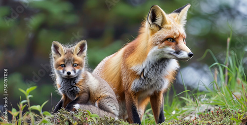 An adult red fox with its cub, standing alert in the wilderness, a picture of wild family bonds.