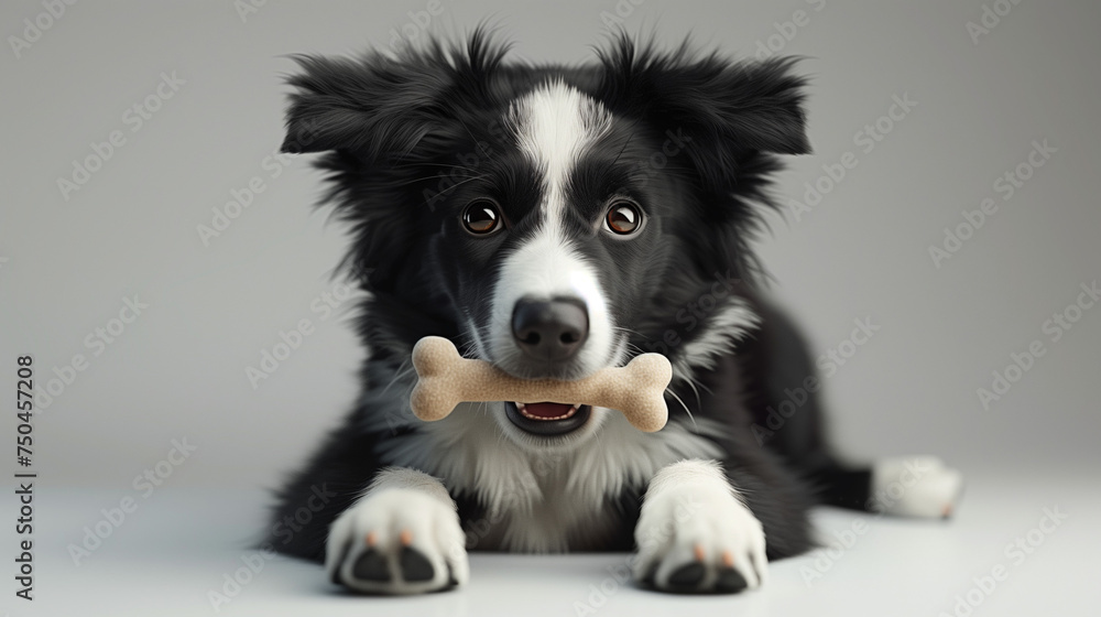 Chien noir et blanc qui tient un os dans sa bouche, animal mignon en 3D, Race Border Collie