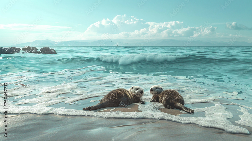 Fototapeta premium A family of sea otters floating on their backs, enjoying the gentle waves of a peaceful cove on a sandy beach.
