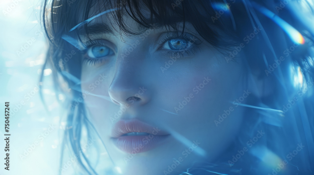 Ethereal close-up portrait of a woman with striking blue eyes Ethereal close-up portrait of a woman with striking blue eyes