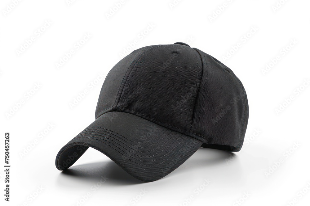 A black baseball cap on a white background. Perfect for sports-themed designs or promotional materials A black baseball cap on a white background. Perfect for sports-themed designs or promotional materials
