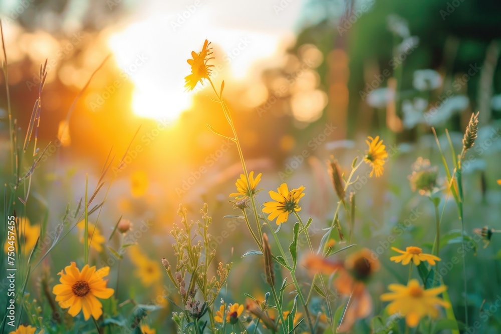 Beautiful sunset over a field of yellow flowers, perfect for nature and landscape designs