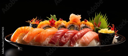 Delicious Assortment of Colorful Sushi Rolls and Nigiri on Black Plate