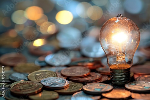 A light bulb sitting on top of a pile of coins. Can be used to represent financial success or the concept of saving money