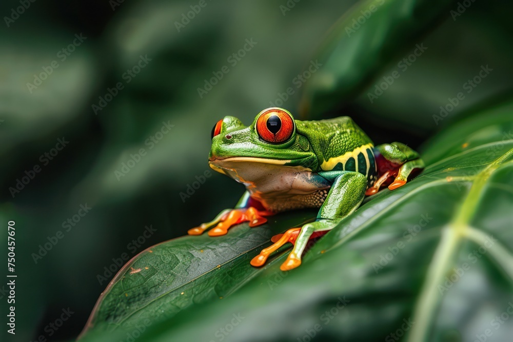 Naklejka premium A red eyed frog sitting on top of a leaf. Perfect for nature and wildlife enthusiasts