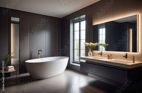 Modern minimalist bathroom interior  bathroom cabinet  interior plants. Accessories  bathtub  mirror  shower. White walls  concrete floor. Luxury Ensuite mounted vanity. House design