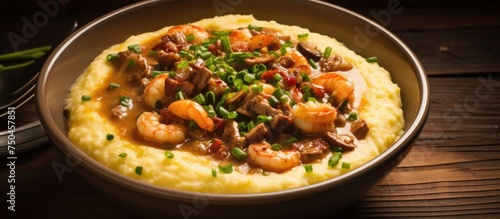 Savory Southern Delicacy: Classic Bowl of Shrimp and Grits with Delicious Pork and Cheddar Toppings