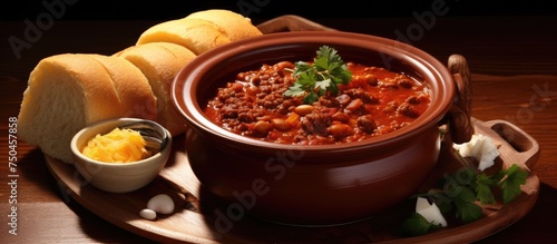 Satisfying Bowl of Chili Con Carne Served with Rustic Bread and Melted Cheese