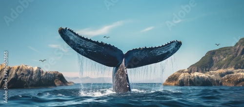 Majestic Humpback Whale Displays Its Enormous Tail Fluke in the Open Ocean