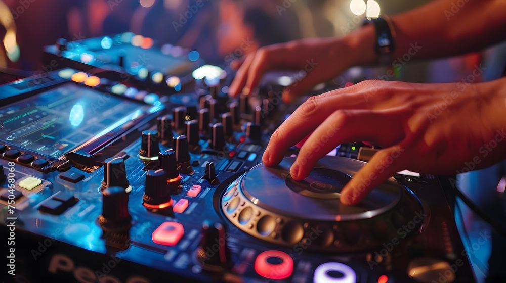 Obraz premium DJ Hands Playing Music with Modern Equipment