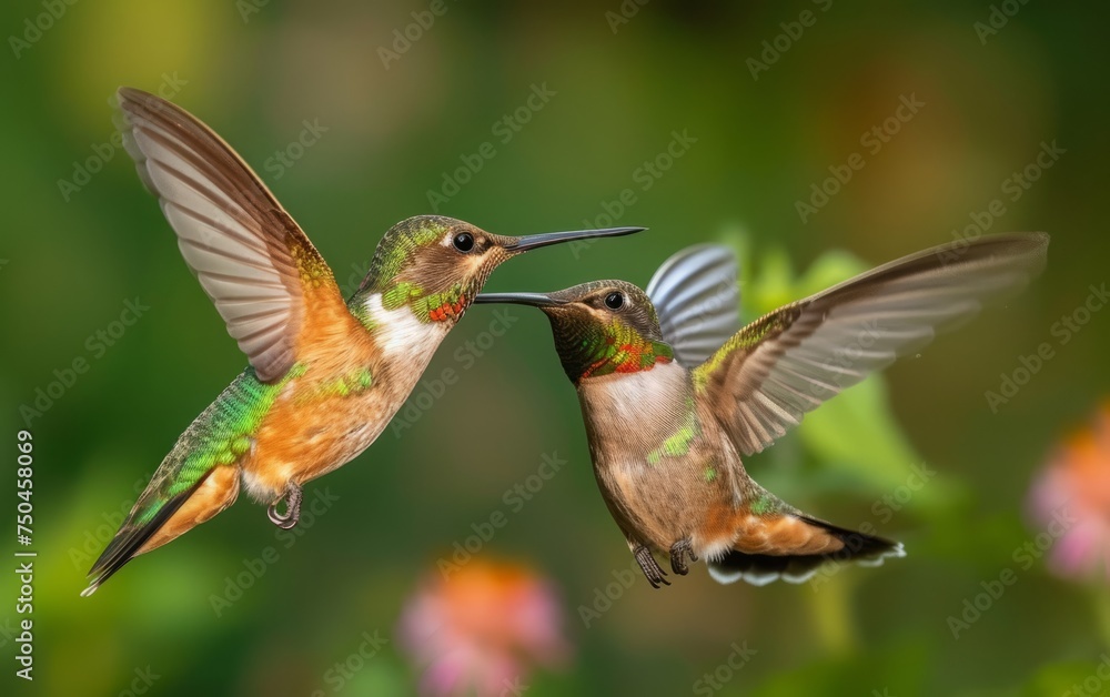 Fototapeta premium A Pair of Hummingbirds Sipping Nectar Together from Colorful Blossoms