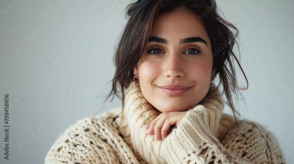 A woman wearing a sweater smiles for the camera. Suitable for lifestyle and fashion concepts A woman wearing a sweater smiles for the camera. Suitable for lifestyle and fashion concepts