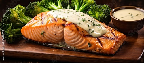 Succulent Grilled Salmon Steak with Broccoli Cream Sauce and Vibrant Lemon Wedges