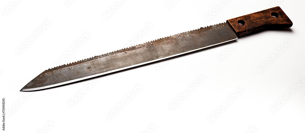 Rustic Knife with Carved Wooden Handle Resting on Clean White Surface Rustic Knife with Carved Wooden Handle Resting on Clean White Surface
