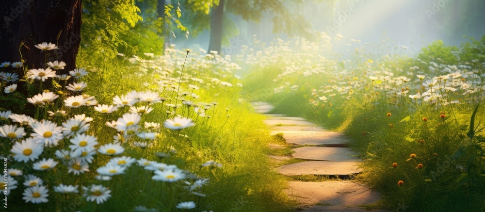 Tranquil Path Leading Through a Forest with Wild White Flowers Blooming in Spring