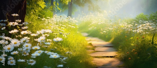 Tranquil Path Leading Through a Forest with Wild White Flowers Blooming in Spring
