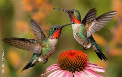 A Couple of Hummingbirds Hovering Over and Enjoying Nectar from Radiant Florals © Pure Imagination
