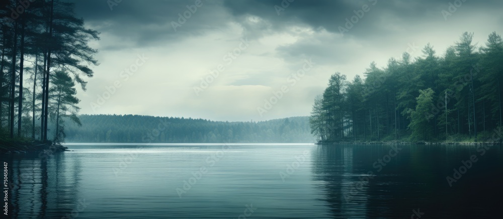 Tranquil Waters Reflecting Lush Greenery of Wooded Area at Peaceful Lake Edge