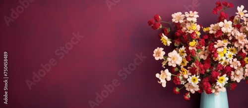 Elegant Vase Overflowing with Multicolored Small Flowers Against a Burgundy Background Wall