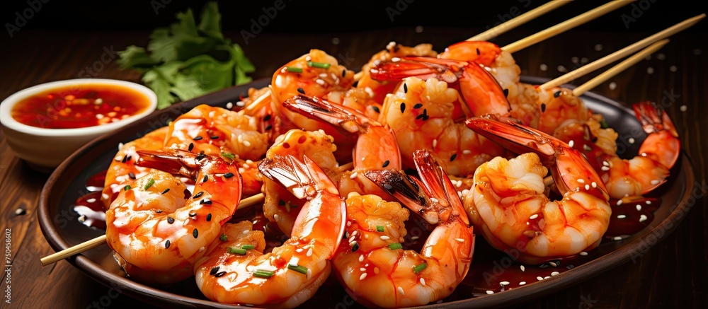 Delicious Grilled Shrimp on Skewers with Flavorful Sauce on Wooden Plate - Gastronomic Delight Delicious Grilled Shrimp on Skewers with Flavorful Sauce on Wooden Plate - Gastronomic Delight