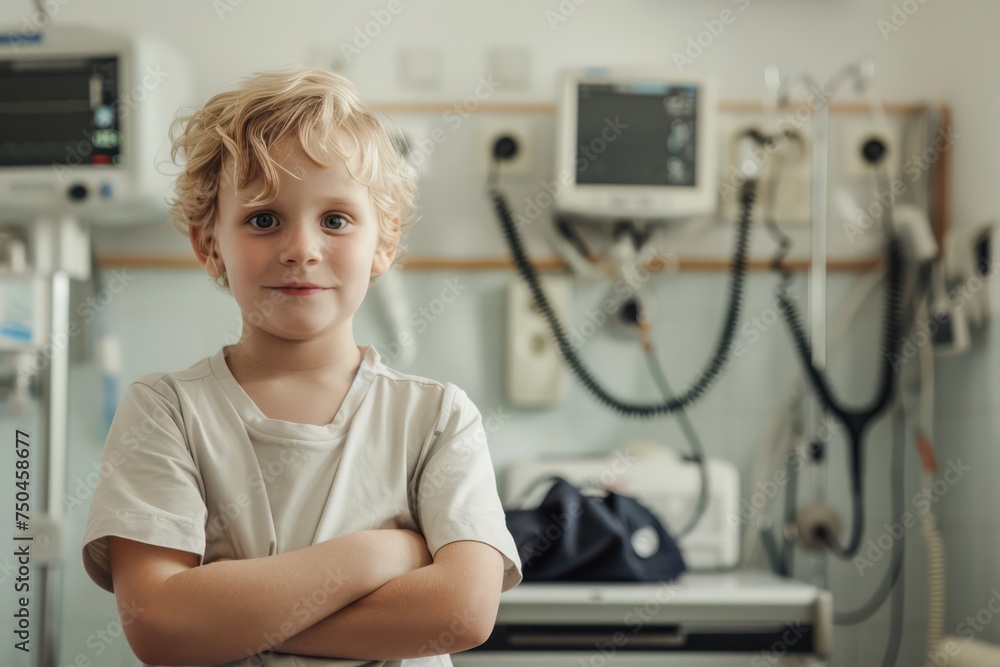 Child standing near medical equipment, suitable for healthcare concepts Child standing near medical equipment, suitable for healthcare concepts