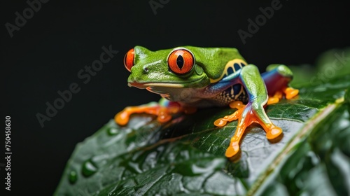A red-eyed frog perched on a leaf. Perfect for nature and wildlife themes